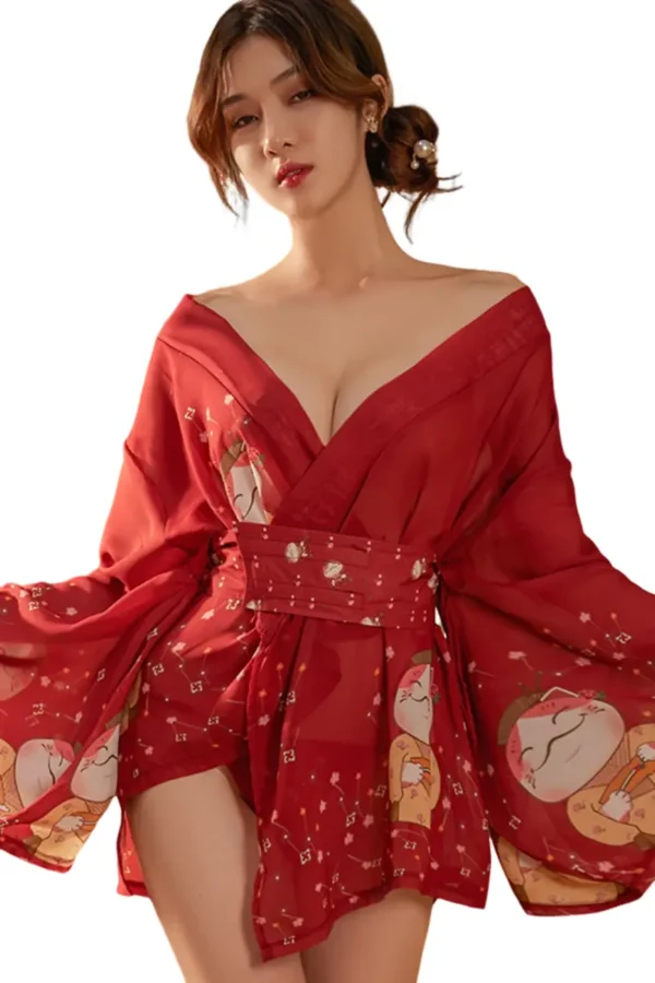 Elegant red B2B lingerie kimono with belted waist and playful prints