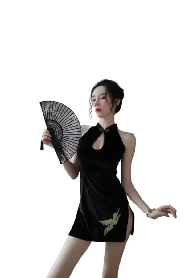 Woman in an elegant custom lingerie cheongsam holding a fan