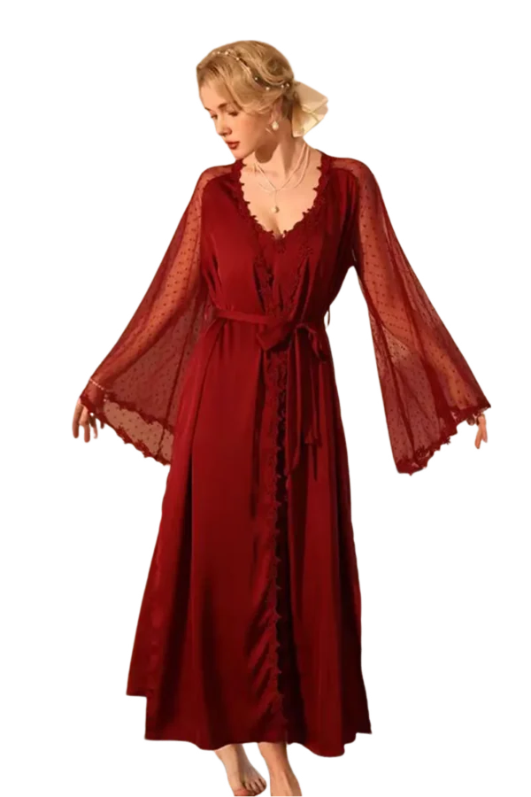 A luxurious red robe with lace sleeves for sexy winter loungewear OEM.