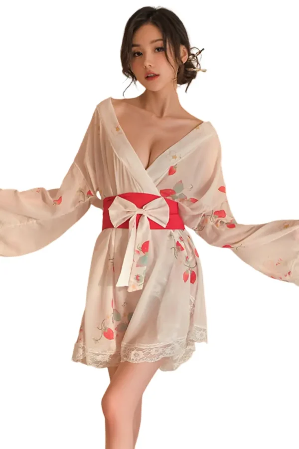 Fashionable kimono lingerie set wholesale with floral accents and red belt.
