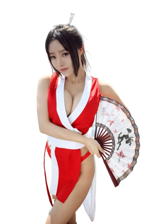 Close-up of the private label Japanese kimono lingerie with a fan accessory.