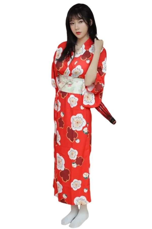 Full-length shot of B2B kimono lingerie in red floral print