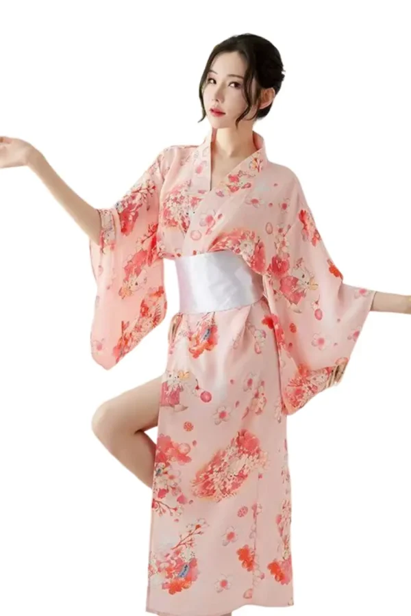 Full-length bulk kimono sexy lingerie with a floral print and elegant white belt