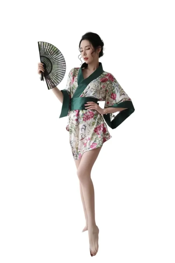 Full length model shot of custom kimono sexy lingerie holding a hand fan