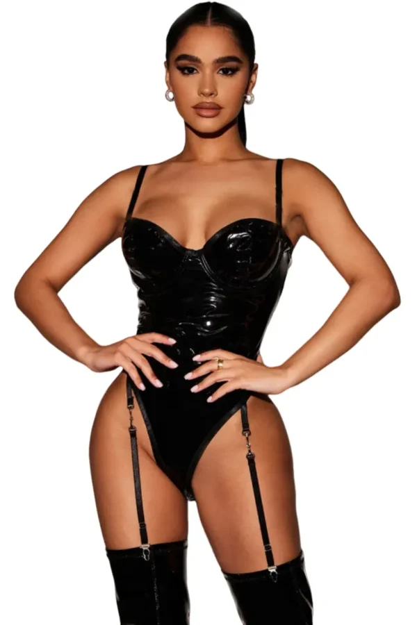 High-quality OEM sexy lingerie PU bodysuit in classic black