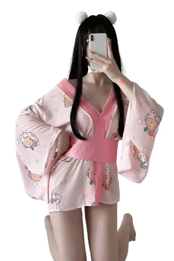 Model in b2b lingerie with kimono featuring playful prints.
