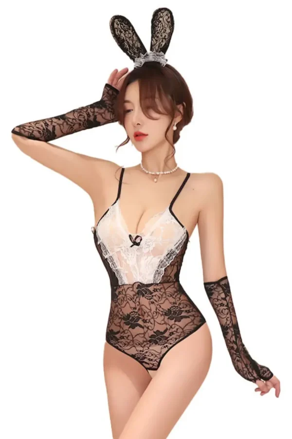 OEM Bunny Girl Lingerie - Seductive Back View - Supreme Lingerie Stylish and seductive OEM Bunny girl lingerie in black lace with white detailing.