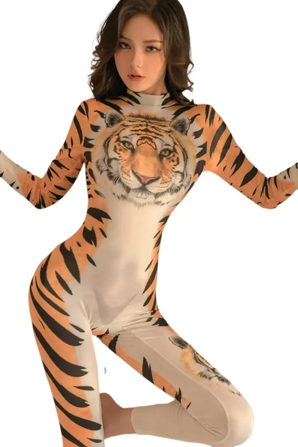 OEM crotchless leopard print lingerie bodysuit featuring a detailed tiger face design.