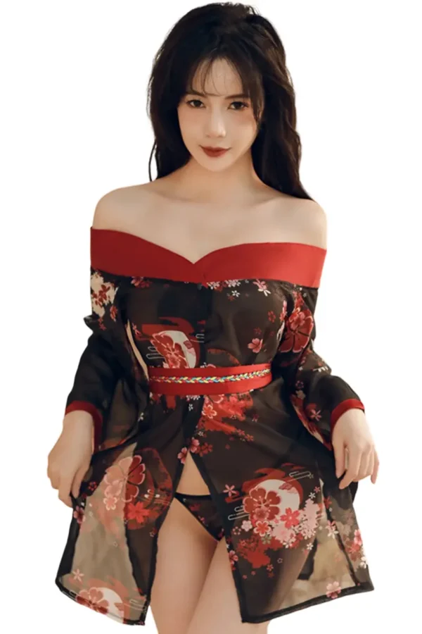 Black and red OEM kimono lingerie set with floral prints and belt detail