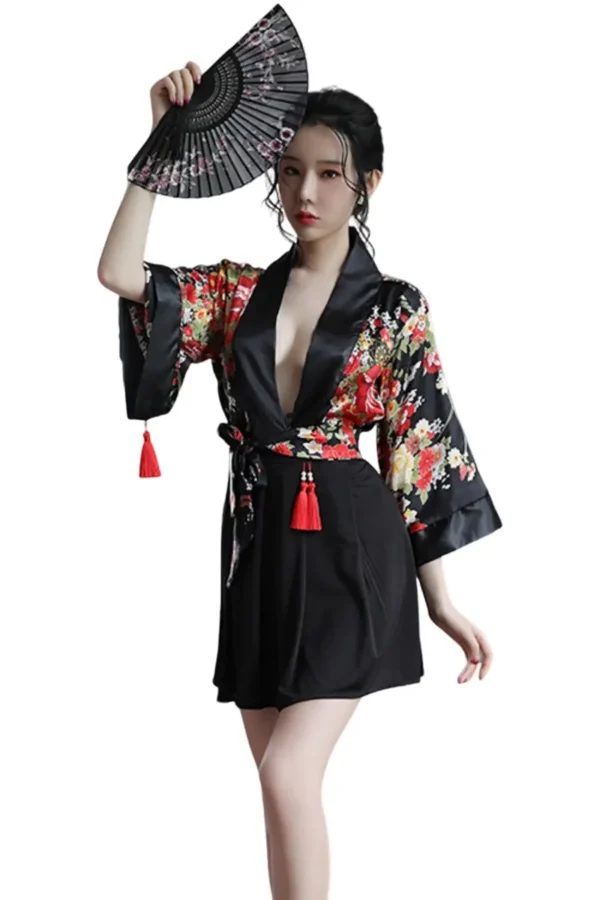 Elegant OEM kimono lingerie featuring floral design with red tassels