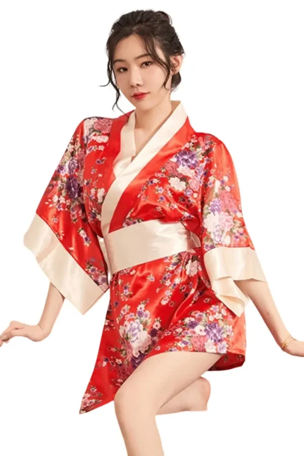 OEM Kimono Sexy Lingerie, red floral kimono with classic white trim and floral motifs.