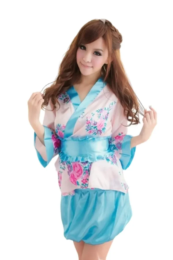 Woman wearing OEM kimono style lingerie featuring blue floral patterns