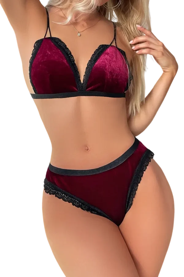 Burgundy velvet OEM lace nightgown with black lace accents.