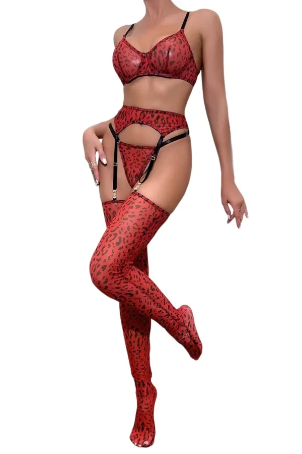 OEM Leopard Print Sexy Lingerie in Red with Stockings - Supreme Lingerie Red OEM leopard print sexy lingerie with matching stockings and garters.