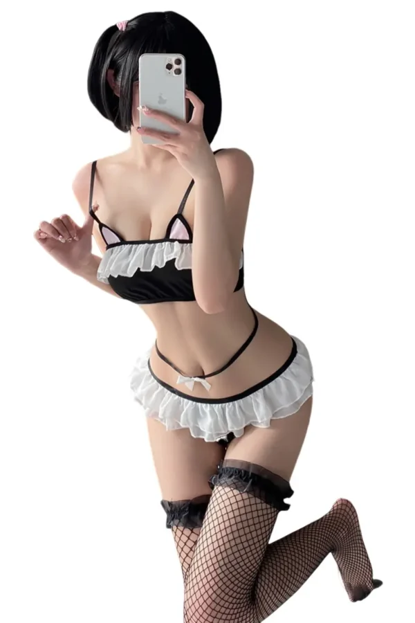OEM lingerie cat in a black and white set with fishnet stockings, perfect for customization.
