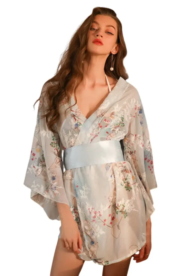 Front view of OEM sheer kimono lingerie featuring floral prints and a satin belt.