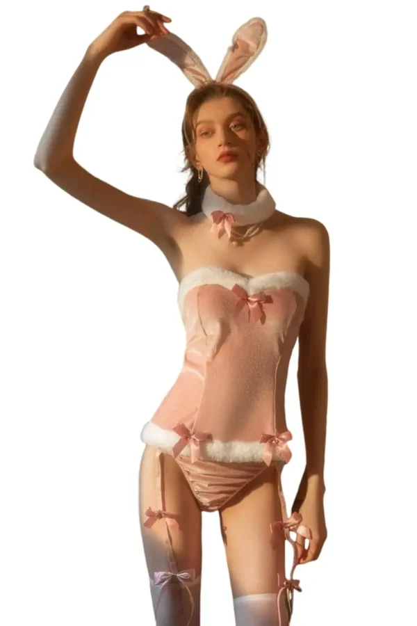 Model showcasing a private label lingerie bunny pink corset with matching accessories