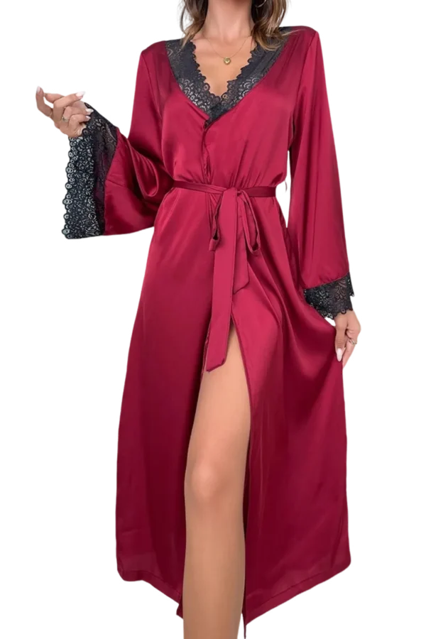 Soft pink satin wholesale sexy winter loungewear with black lace accents, perfect for cozy nights.