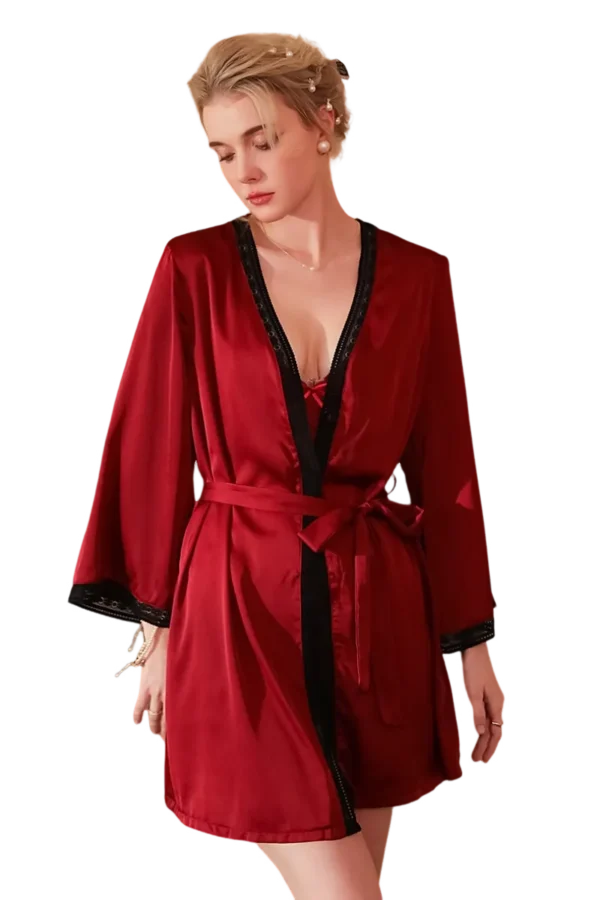 Red satin plus sexy loungewear OEM robe with black lace accents