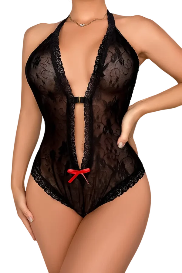 Private label black lace nightgown with deep plunge neckline and lace design