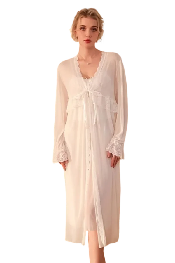 A model wearing a black lace sheer long gown, private label comfy sexy loungewear