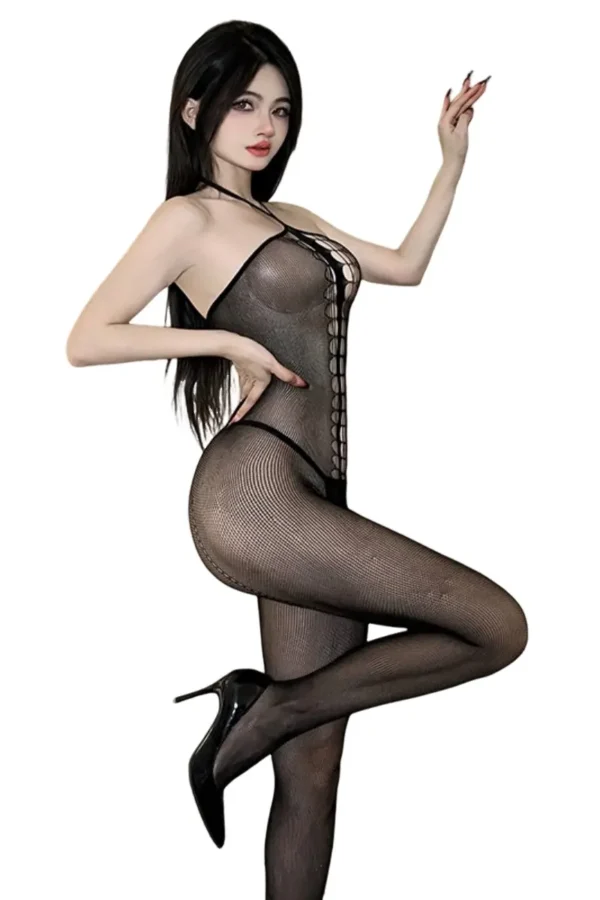 A model flaunting a full-body black fishnet dress lingerie designed for private label collections.