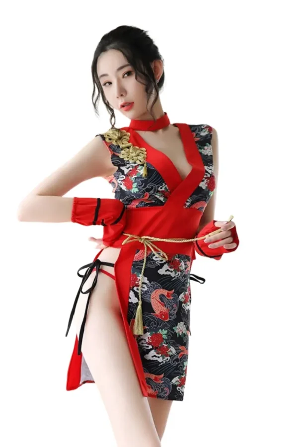 Private label kimono lingerie set with side slit and gold rope
