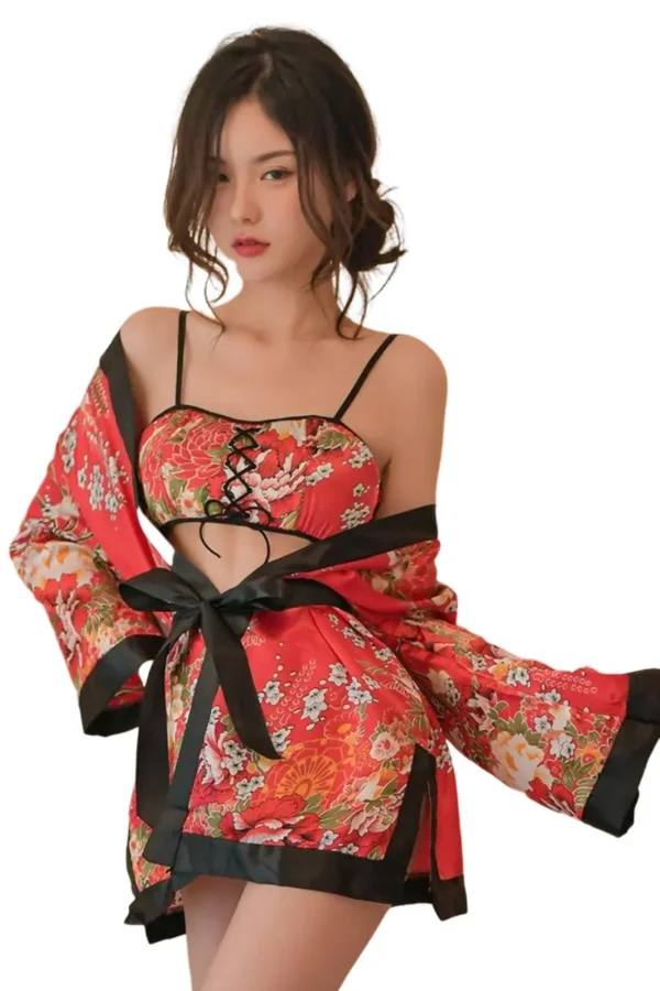 Private label kimono sexy lingerie with a lace-up floral design.