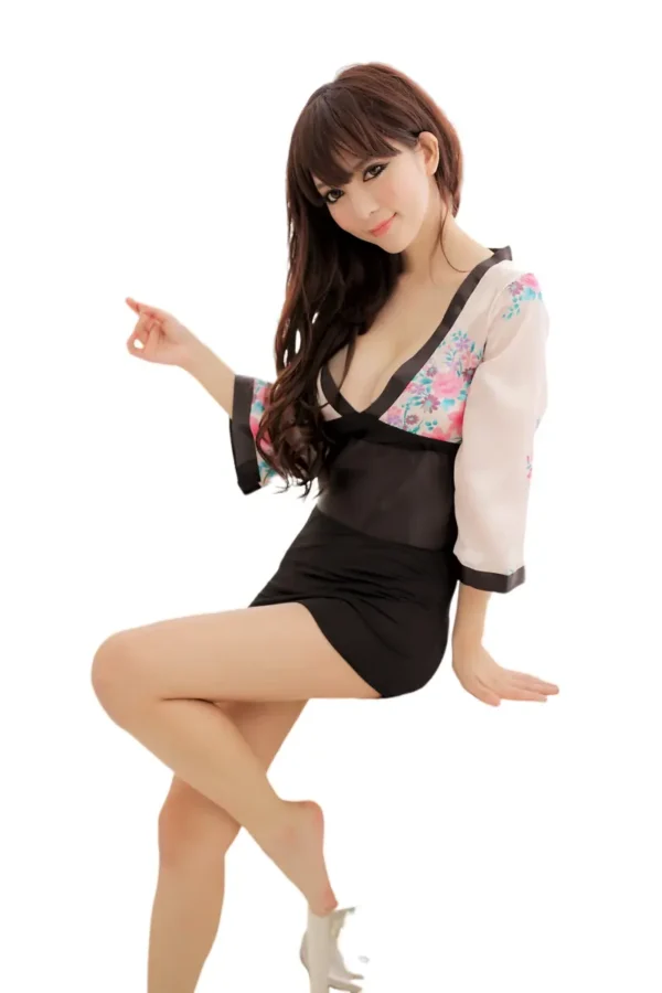 Private Label Sexy Black Lingerie Kimono - Supreme Lingerie Woman posing in private label sexy black lingerie kimono