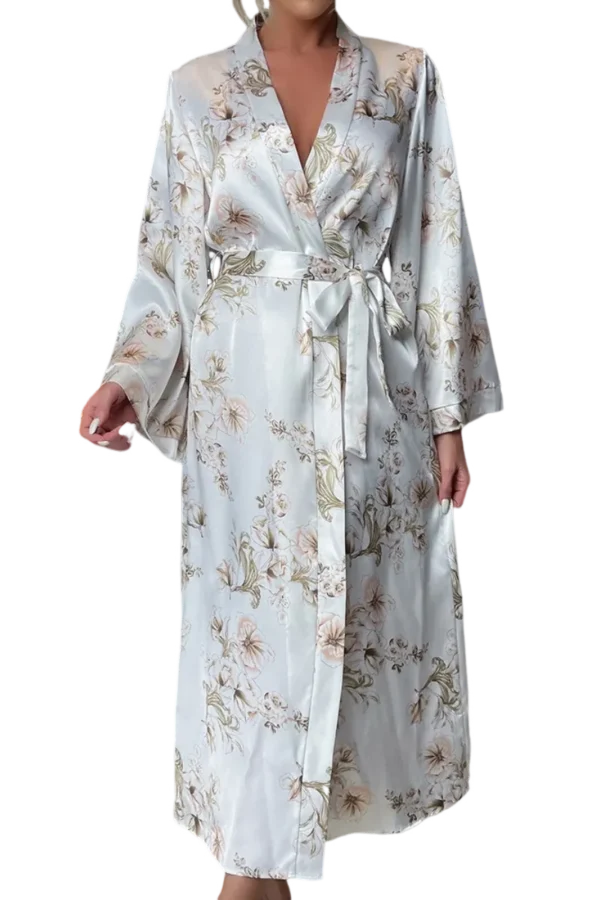 Private label sexy floral satin loungewear plus size, featuring a belted robe with delicate floral patterns.