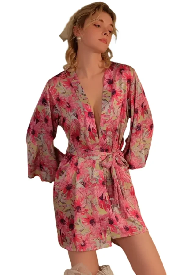 Model wearing private label sexy kimono lingerie with floral design