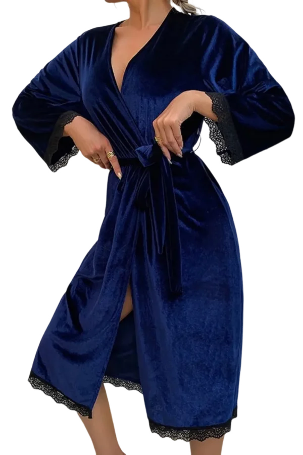 Private label sexy loungewear velvet robe with lace trim in navy blue