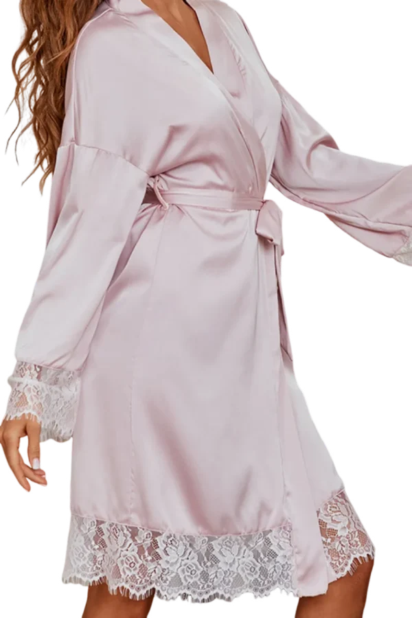 Back view of private label sexy loungewear for women satin robe with lace accents.