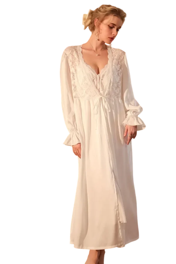 Private label sexy winter loungewear elegant cream lace long dress.