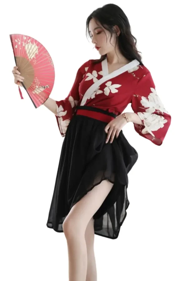 Model posing in private label sheer kimono lingerie with a red floral design and fan.