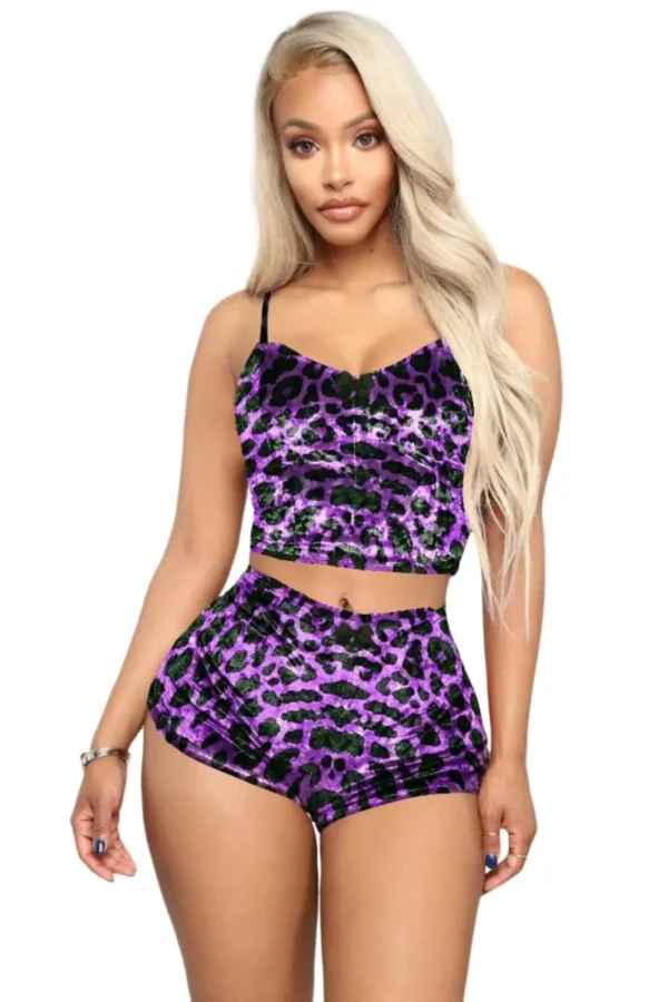 Purple velvet bulk leopard print lingerie set modeled for wholesale buyers.