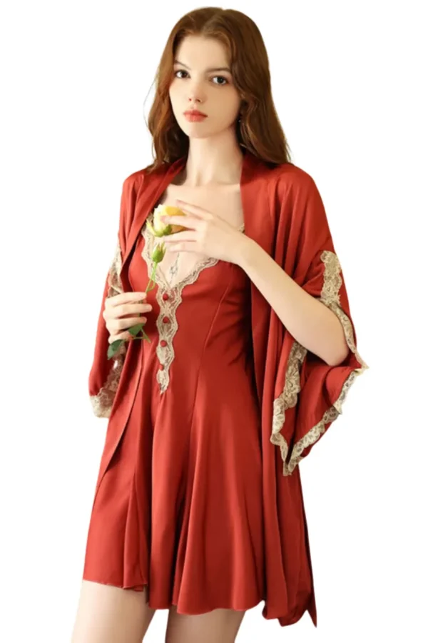 Woman in a red bulk sexy loungewear set adorned with vintage lace details.