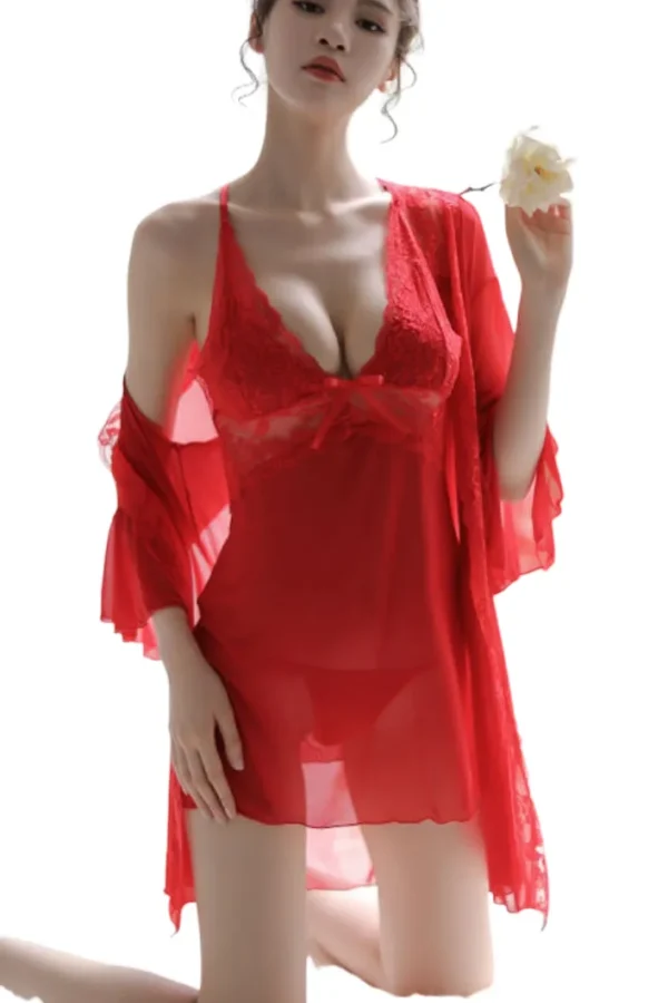 Model in red lace bulk sexy plus loungewear, showcasing comfortable and stylish plus-size loungewear.