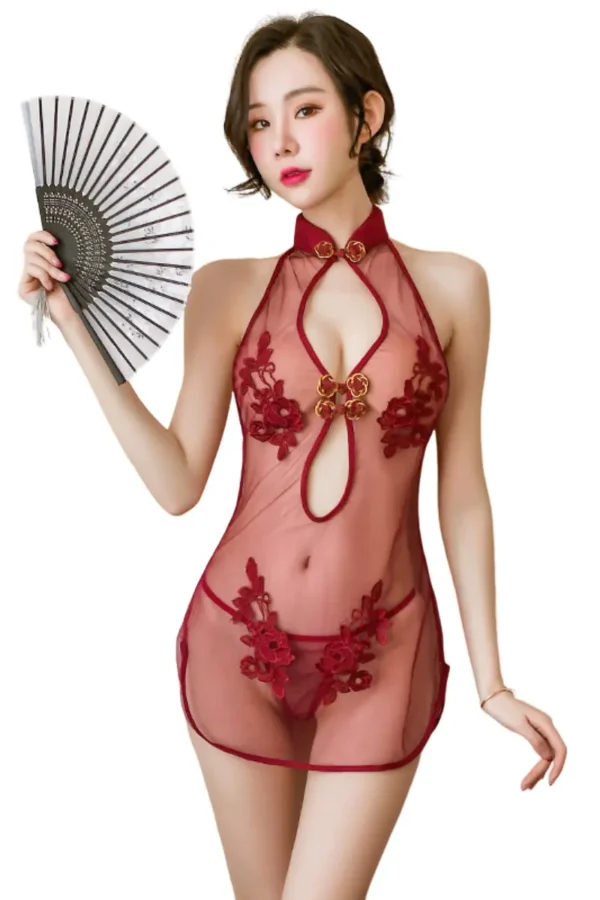 Vibrant red private label cheongsam in lingerie with floral lace