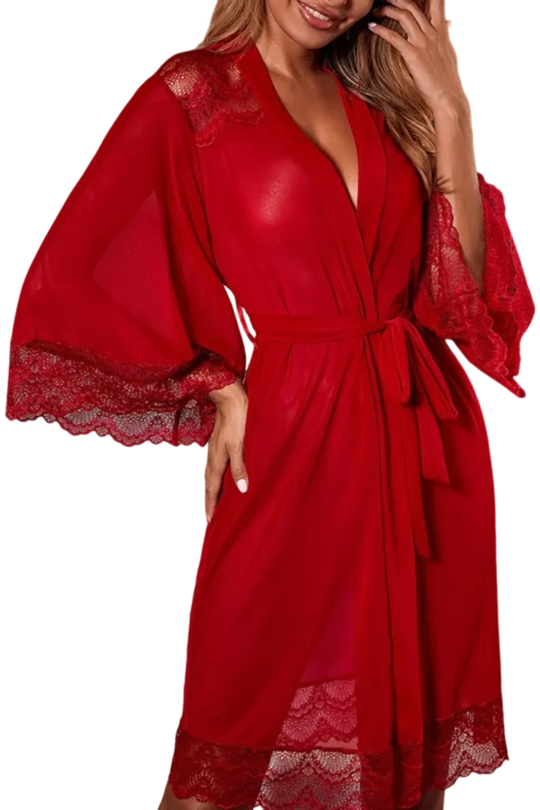Red lace trim robe, private label womens sexy loungewear