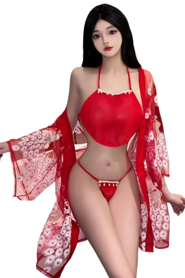 Vibrant red OEM kimono lingerie sexy outfit with embroidered robe.