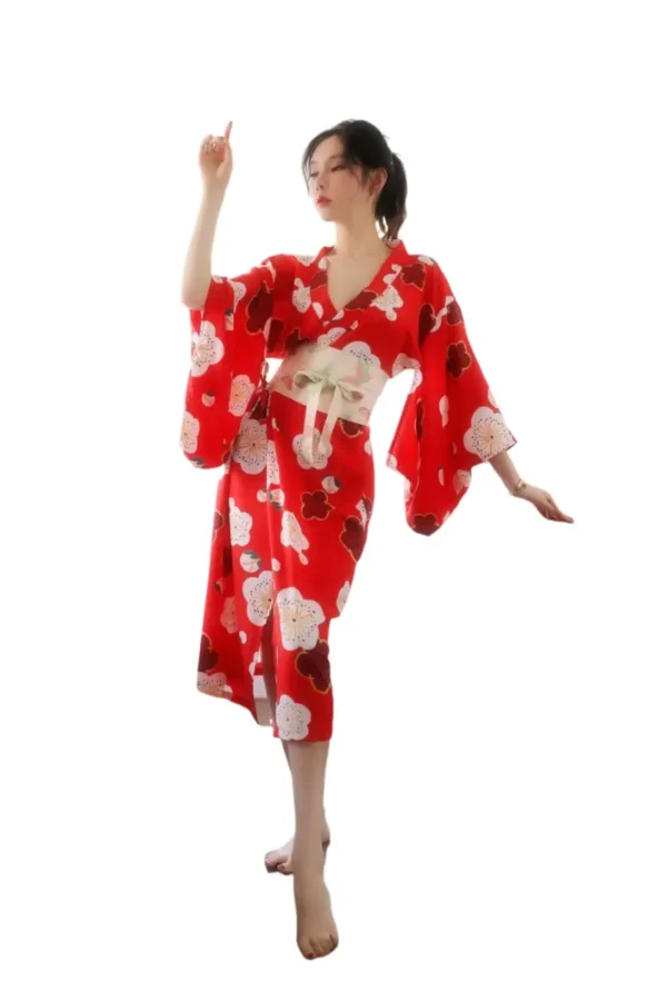 OEM sexy lingerie kimono in red with floral patterns and white belt