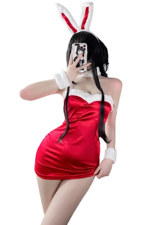 Front view of OEM Sexy Bunny Lingerie in red velvet with bunny ears