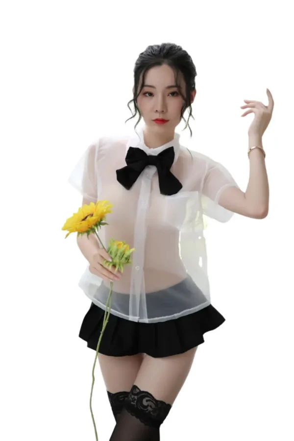 School girl sexy costume wholesale with a sheer top and sunflowers.