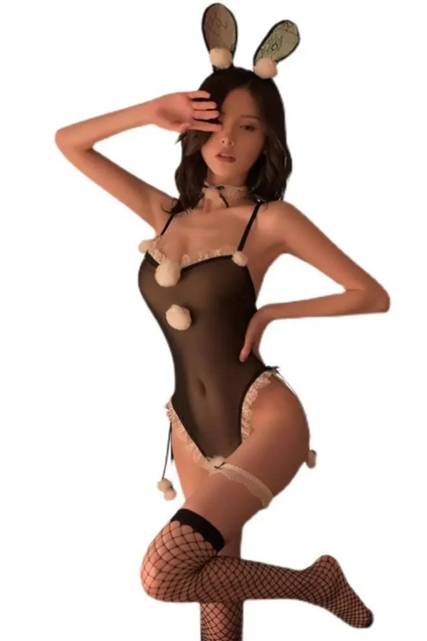 Bulk keyhole Bunny lingerie in black with pom-pom accents