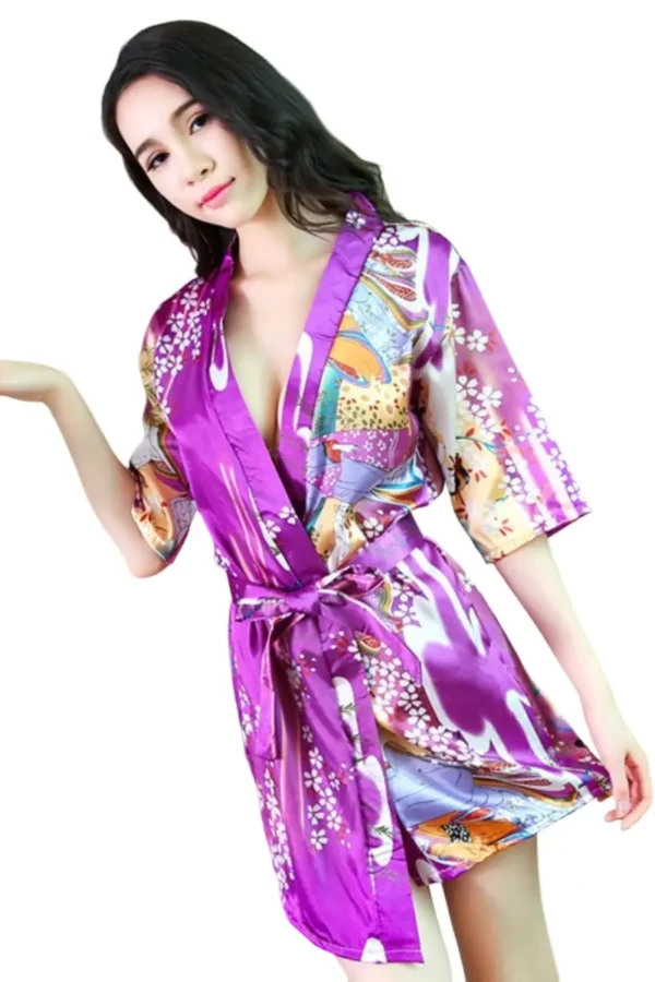 "Wholesale sexy kimono lingerie in purple with colorful artistic patterns."