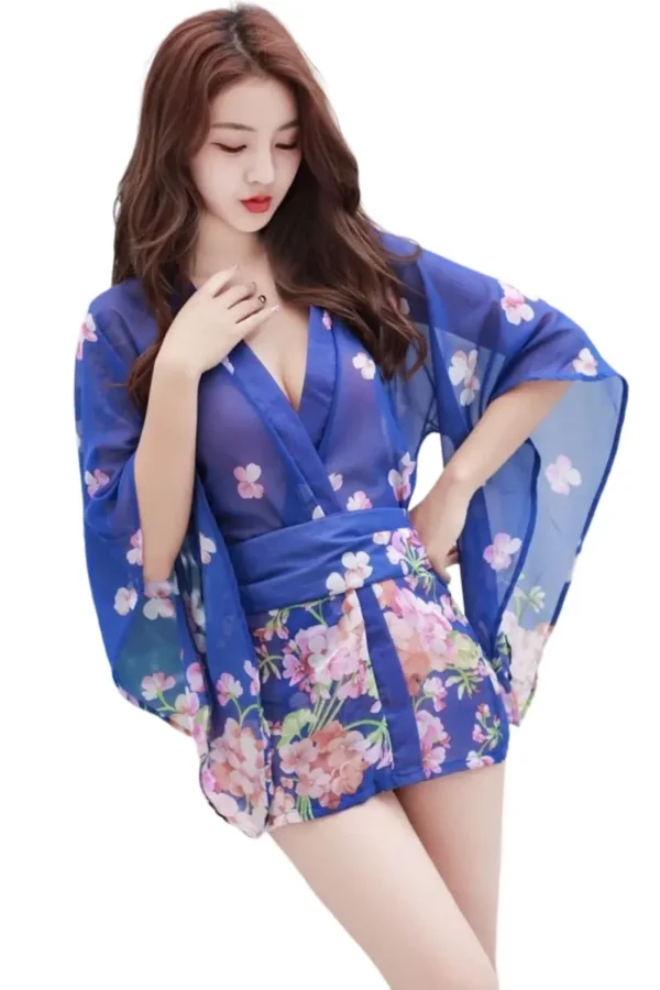Sexy Lingerie Kimono Wholesale - Blue Floral Sheer Kimono - Supreme Lingerie Sexy lingerie kimono wholesale in sheer blue floral design