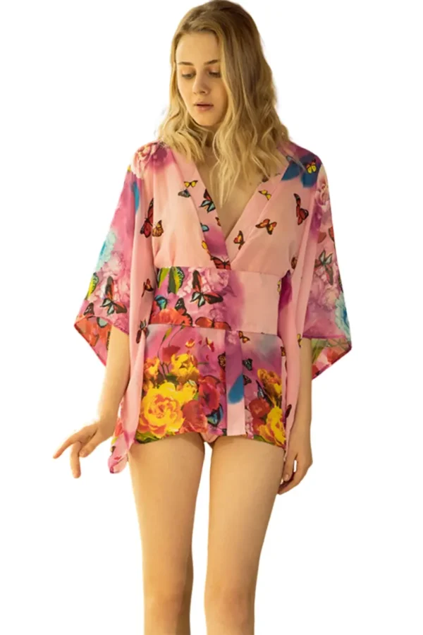 Sheer kimono lingerie with a vibrant floral print, perfect for wholesale opportunities.