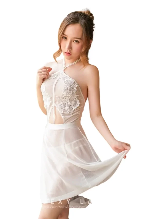 Sheer Lace Nightgown B2B - White Halter Neck - Supreme Lingerie Sheer lace nightgown B2B in white with halter neck design