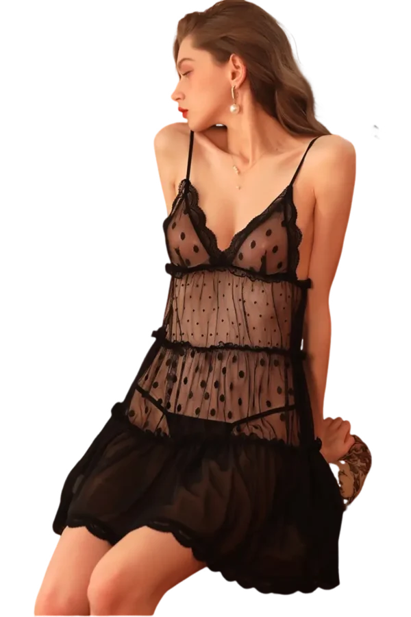 Sheer Polka Dot Black Lace Nightgown Wholesale for Luxury Retailers - Supreme Lingerie Sheer polka dot black lace nightgown wholesale with delicate lace accents